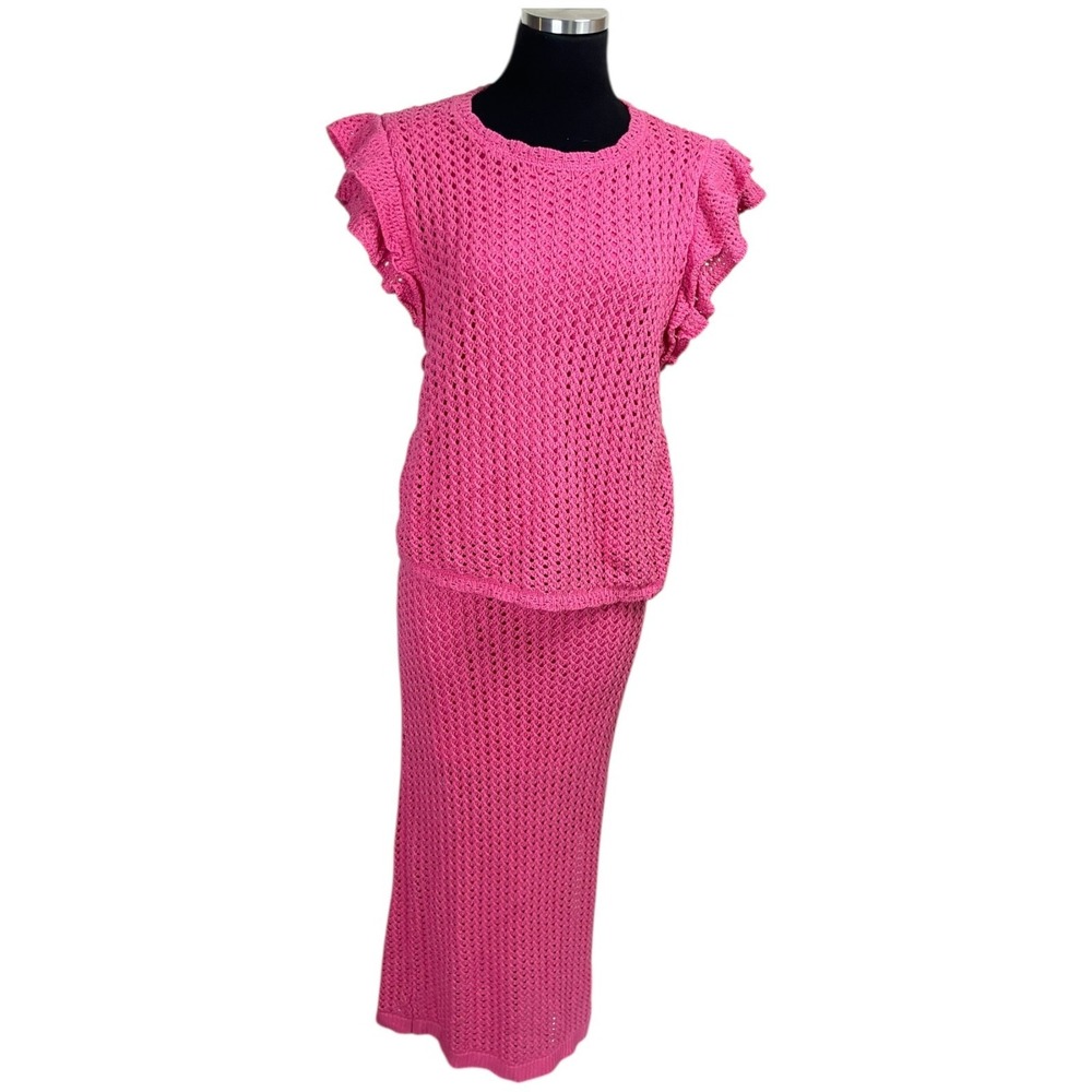 Maxi Skirt & Top M Crochet Sleeveless Pink Open Knit Festival Coachella Boho